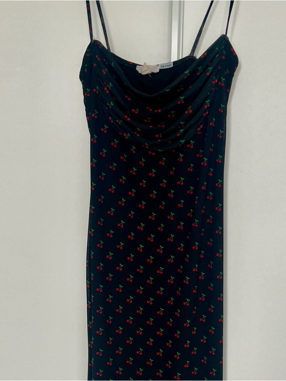 Long Cherry Print Cowl Neck Slip Spagetthi Strap Dress